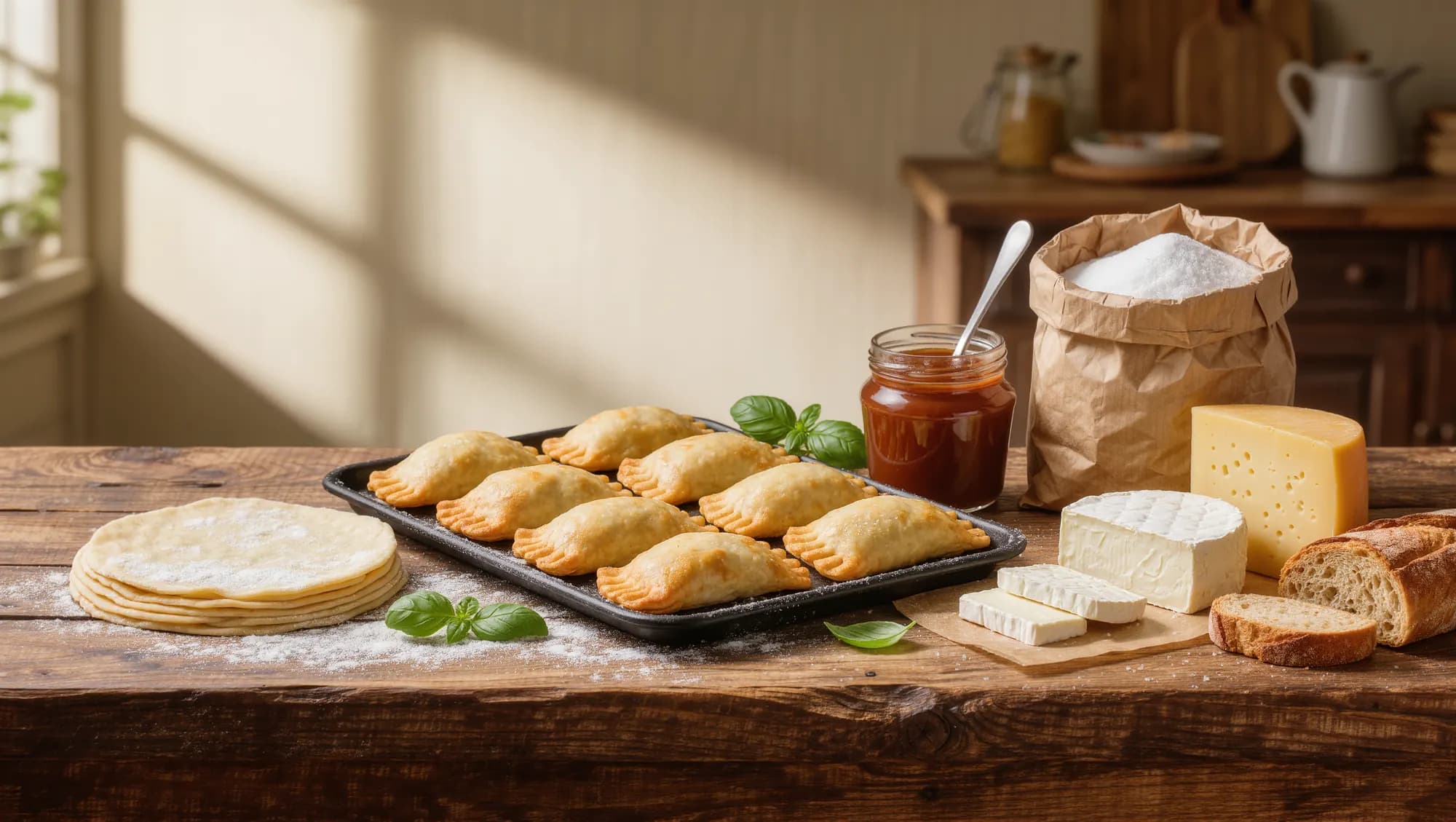 Tapas de empanadas, empanadas horneadas, dulce de leche, azúcar, quesos y pan sobre una mesa de madera